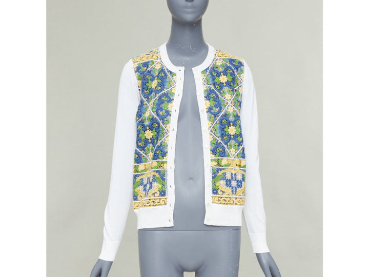 DOLCE GABBANA Majolica print embroidery anglais lace cream cardigan IT40 S