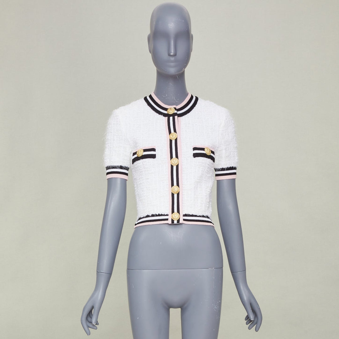 BALMAIN 2024 maze knit striped border short sleeve lion button cardigan FR34 XS