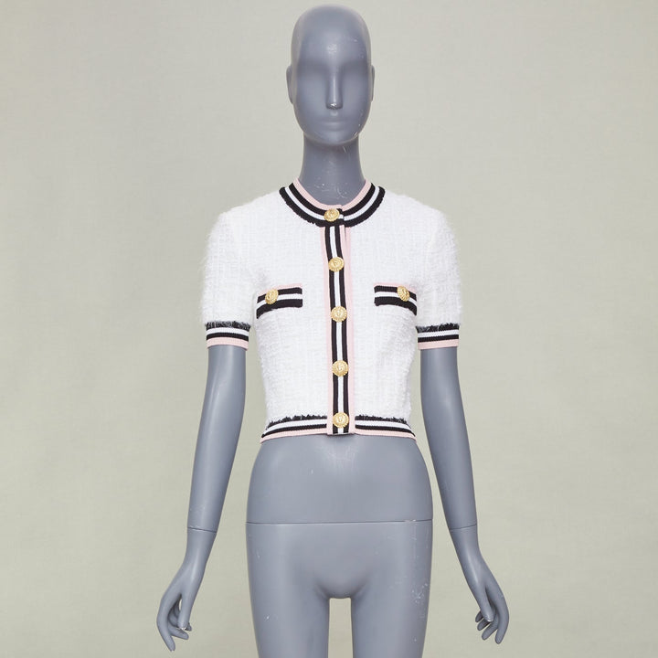 BALMAIN 2024 maze knit striped border short sleeve lion button cardigan FR34 XS