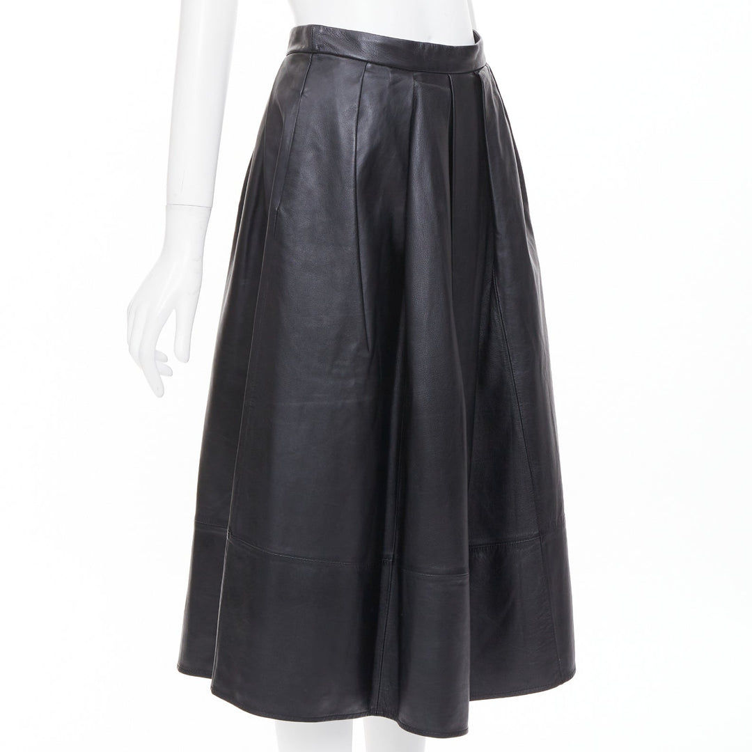 TIBI black lambskin pleated high waist full flare a line midi skirt US0 XS