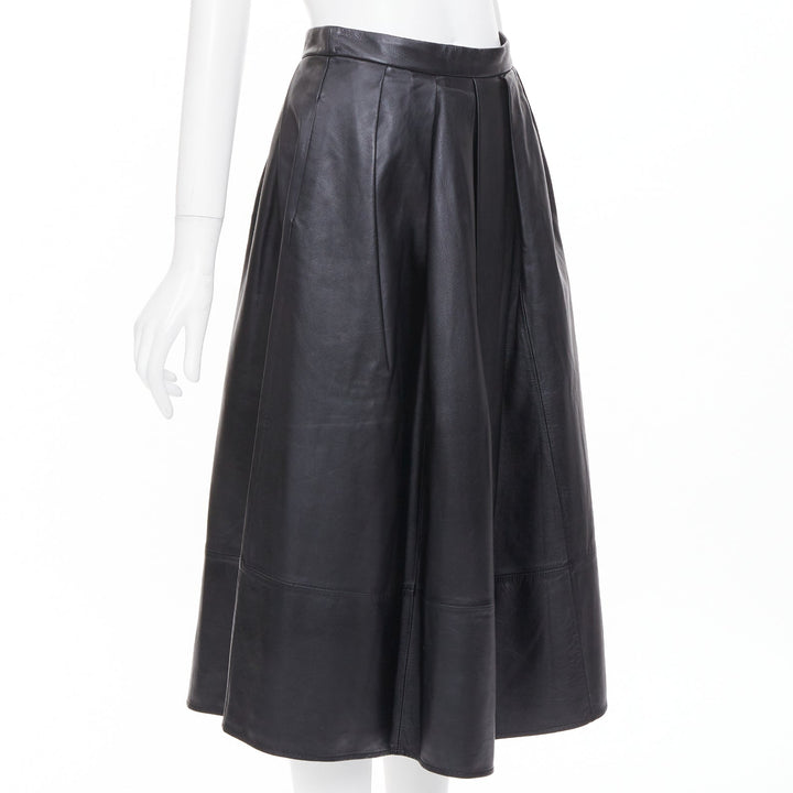 TIBI black lambskin pleated high waist full flare a line midi skirt US0 XS