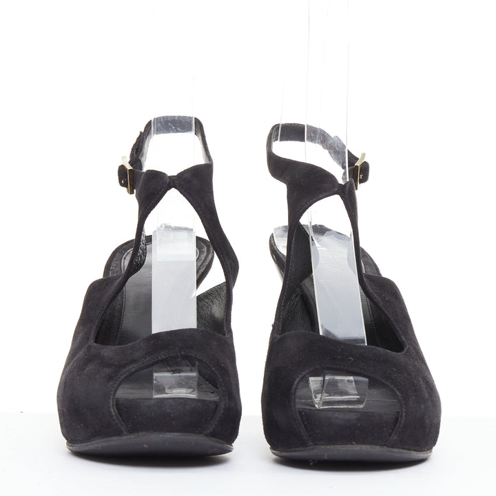 FENDI black suede gold buckle slingback peep toe pumps EU37