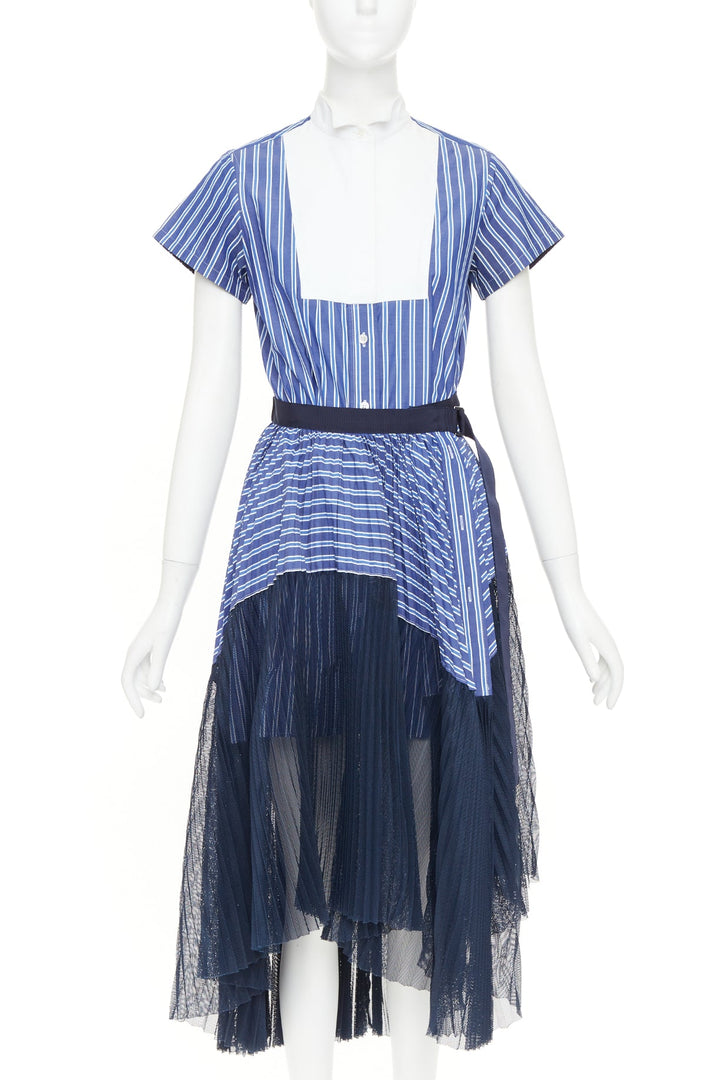 SACAI 2018 blue white navy striped bib front pleated mesh hem hybrid dress JP1 S