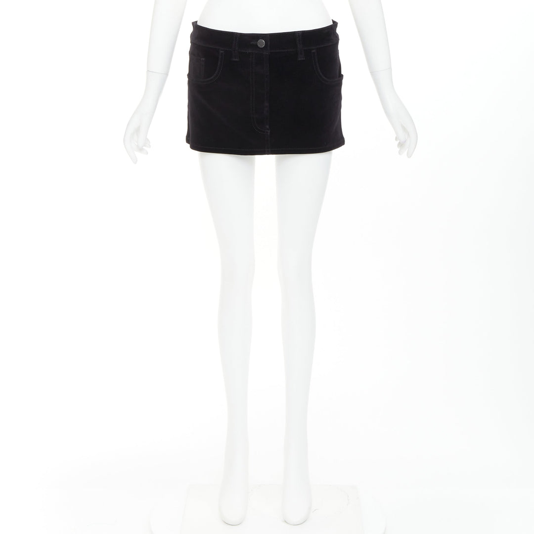 PRADA 2023 black velvet denim silver triangle logo low rise mini skirt IT40 S