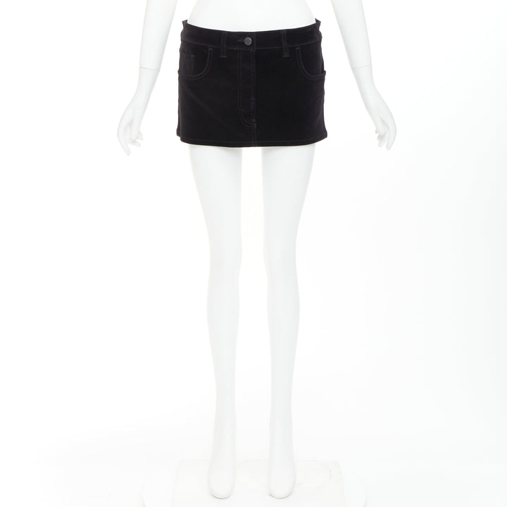 PRADA 2023 black velvet denim silver triangle logo low rise mini skirt IT40 S