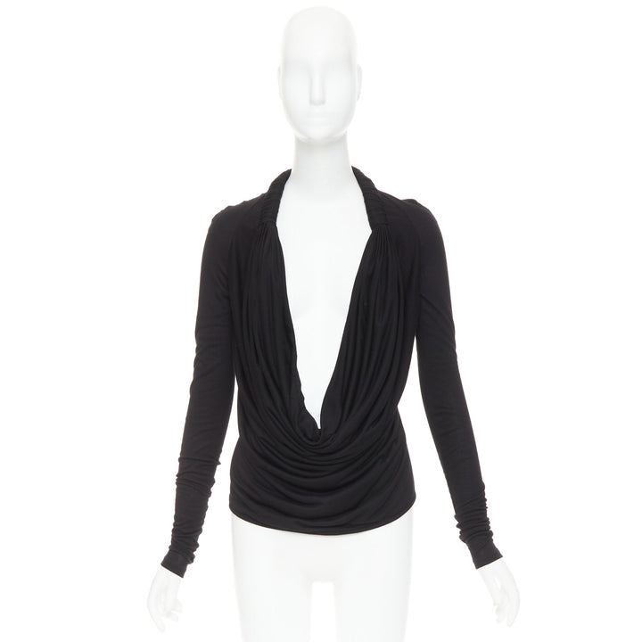 GIVENCHY black draped plunge cowl neck twist rope long sleeves top