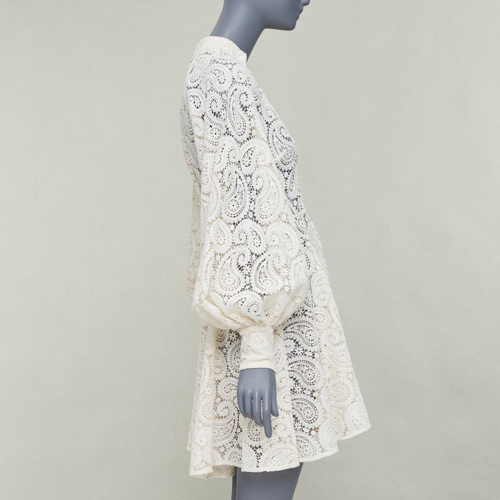 ZIMMERMANN Amari cream paisley floral lace cotton lined peasant dress Sz1 S