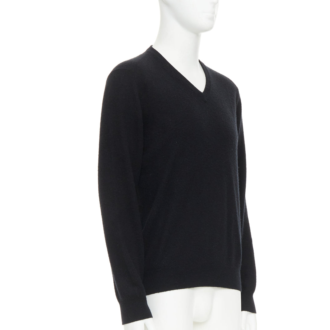HERMES 100% cashmere black V-neck minimal classic sweater XL
