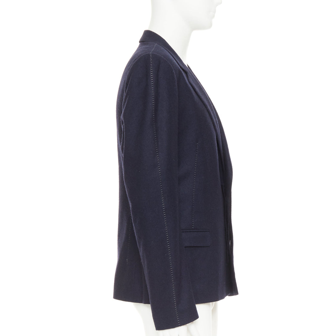 LANVIN navy wool overstitch seams notched lapel single breasted blazer EU52 XL