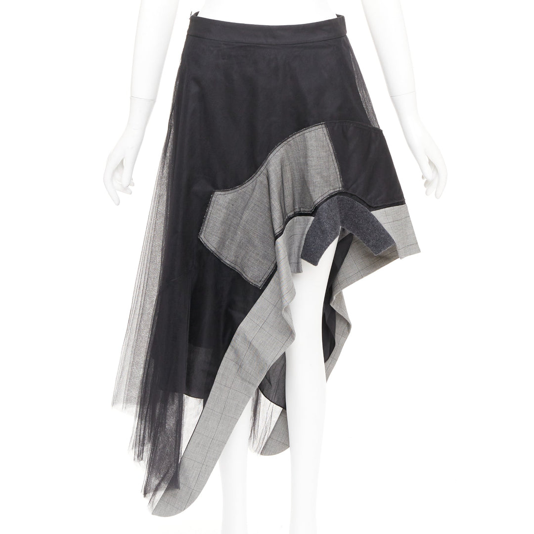 MONSE black nylon tulle wool glen plaid deconstructed asymmetric skirt US0 XS