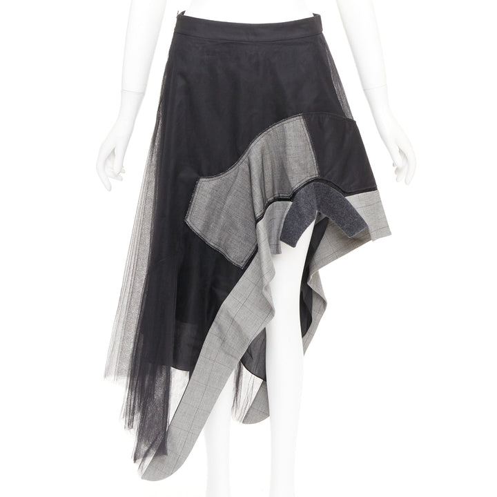 MONSE black nylon tulle wool glen plaid deconstructed asymmetric skirt US0 XS