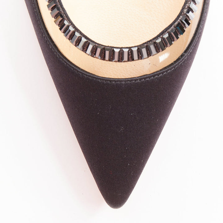 CHRISTIAN LOUBOUTIN Paulina Strass 45 black satin baguette crystal kitten EU37.5