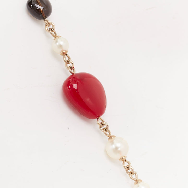 CHANEL A14C black red gripoix enamel Maltese cross CC pearl sautoir necklace