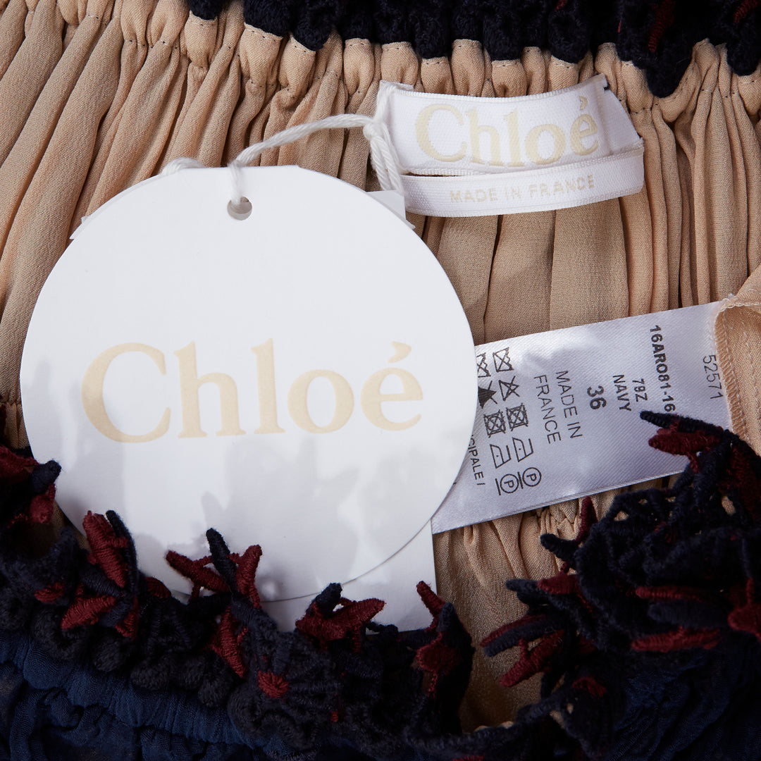 CHLOE navy embroidery lace trim off shoulder boho dress FR36 S