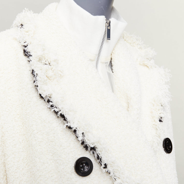 SACAI 2023 Runway double breasted tweed fringed off white winter outerwear JP1 S