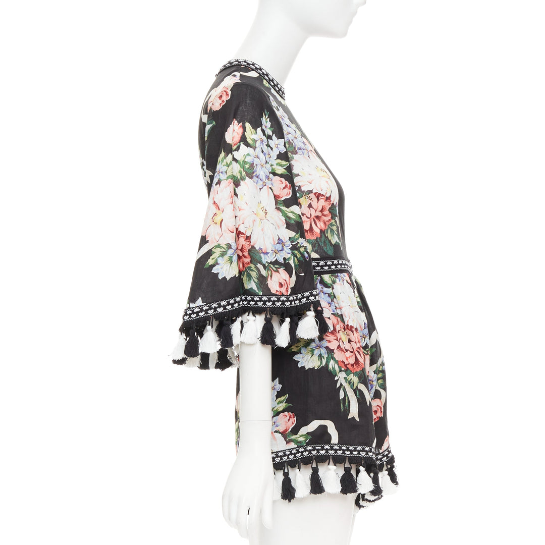 ALICE MCCALL Magic Moment black 100% linen floral fringed trim playsuit UK6 XS