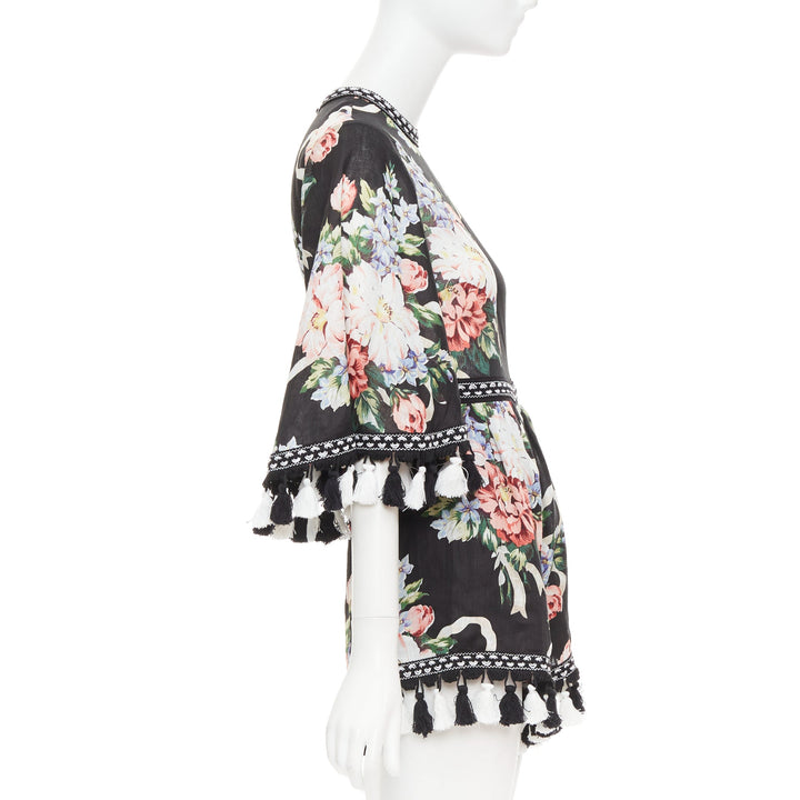 ALICE MCCALL Magic Moment black 100% linen floral fringed trim playsuit UK6 XS