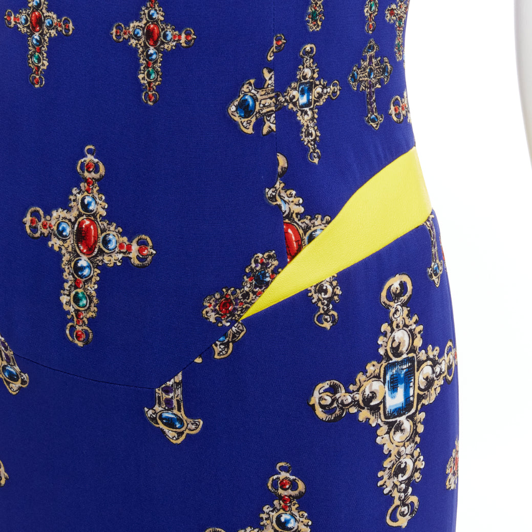 VERSACE 2012 royal blue Byzantine Cross print yellow leather waist shift dress