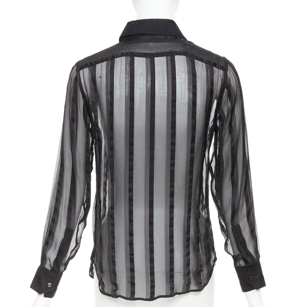 SAINT LAURENT 2013 black 100% silk vertical stripes sheer collared shirt FR36 S