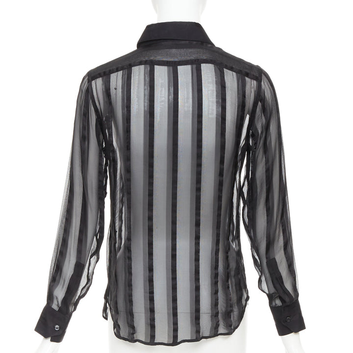 SAINT LAURENT 2013 black 100% silk vertical stripes sheer collared shirt FR36 S