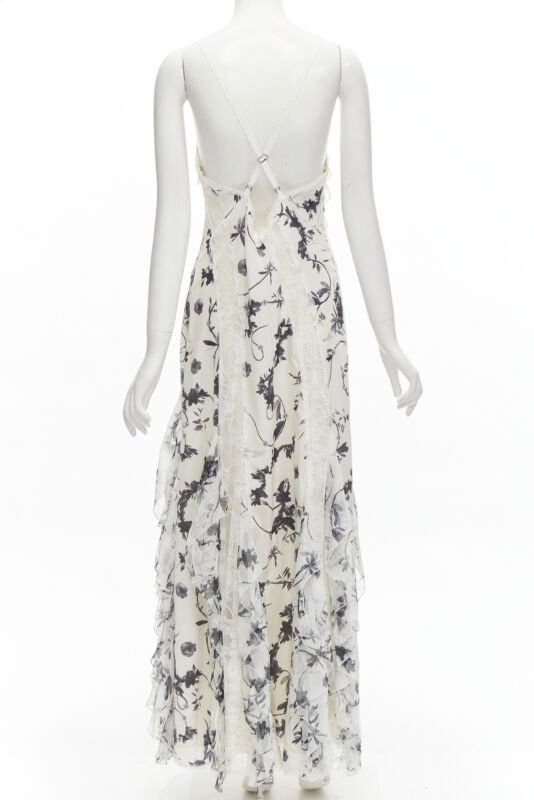 ALICA OLVIA Floral Crown 100% silk printed lace trim ruffle maxi dress US6 M