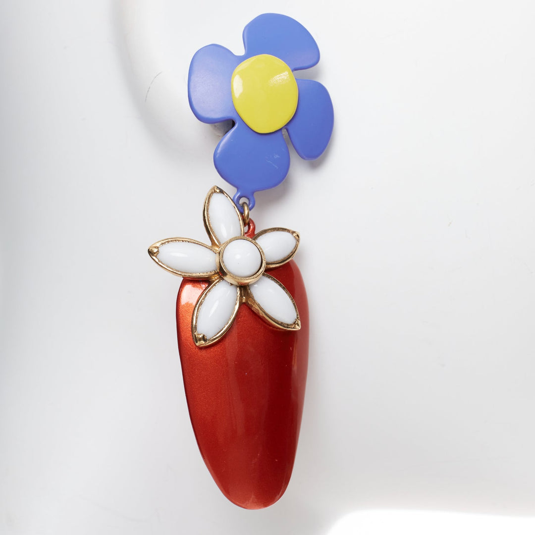 SAINT LAURENT 2021 Runway blue orange daisy white stone plate clip earring Pair