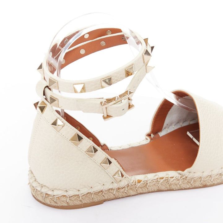 VALENTINO Rockstud cream leather gold stud double espadrille flats EU37
