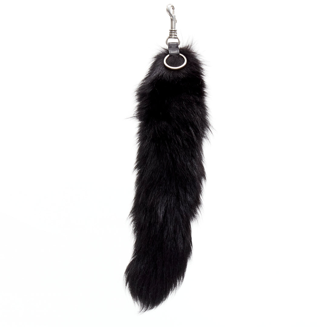 OLD CELINE Phoebe Philo black fox fur tail clasp silver tone keyring bag charm