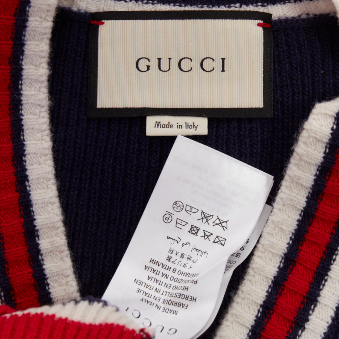 GUCCI 2017 Runway navy red ruffled shoulder cropped V-neck striped sweater XS