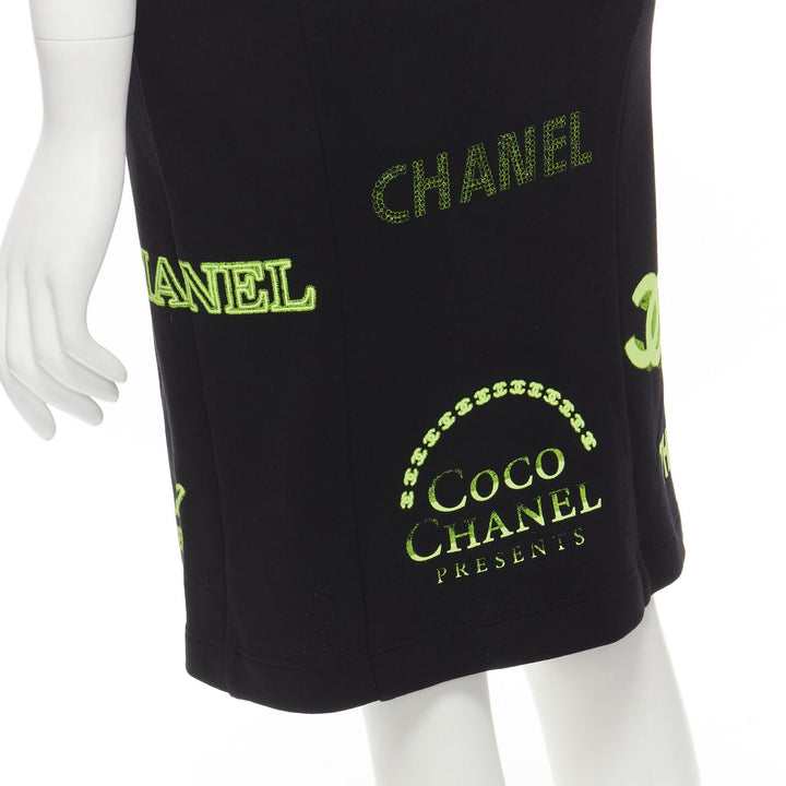 rare CHANEL 2021 Runway black neon graphic logo slit cotton fleece skirt FR34 XS