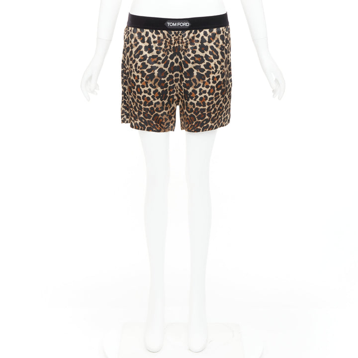 TOM FORD brown silk satin leopard print TF logo velvet trim shorts XS