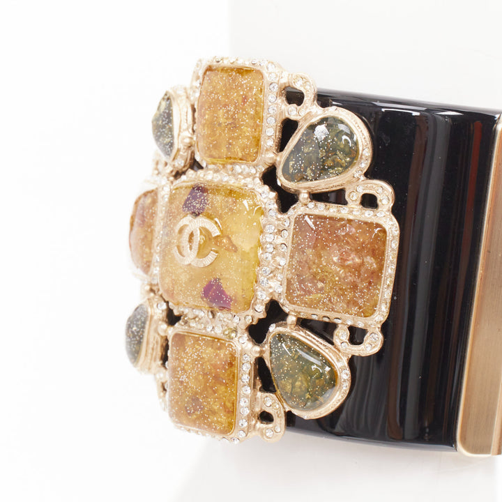 CHANEL B12A Byzantine Cross Gripoix black gold resin clamper cuff bangle