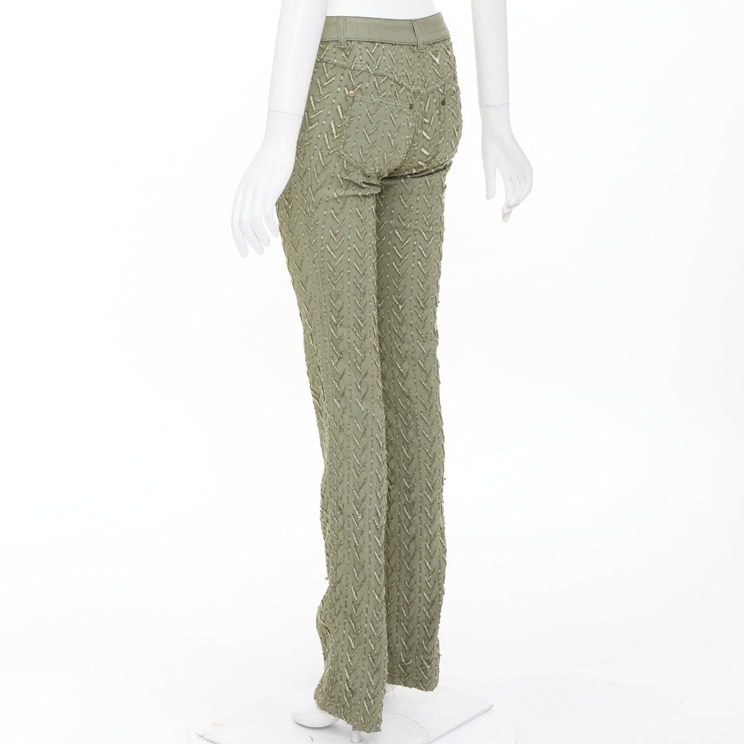 ALEXANDER MCQUEEN 2002 khaki green distressed cotton chevron jeans IT38 XS