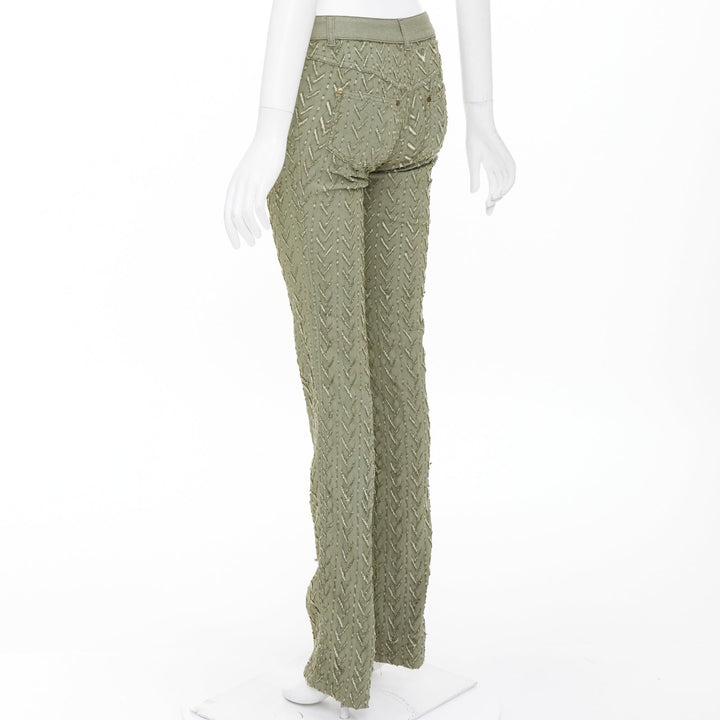 ALEXANDER MCQUEEN 2002 khaki green distressed cotton chevron jeans IT38 XS