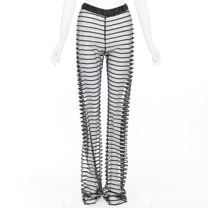 DRIES VAN NOTEN black flocked mesh striped sheer straight leg pants FR38 M