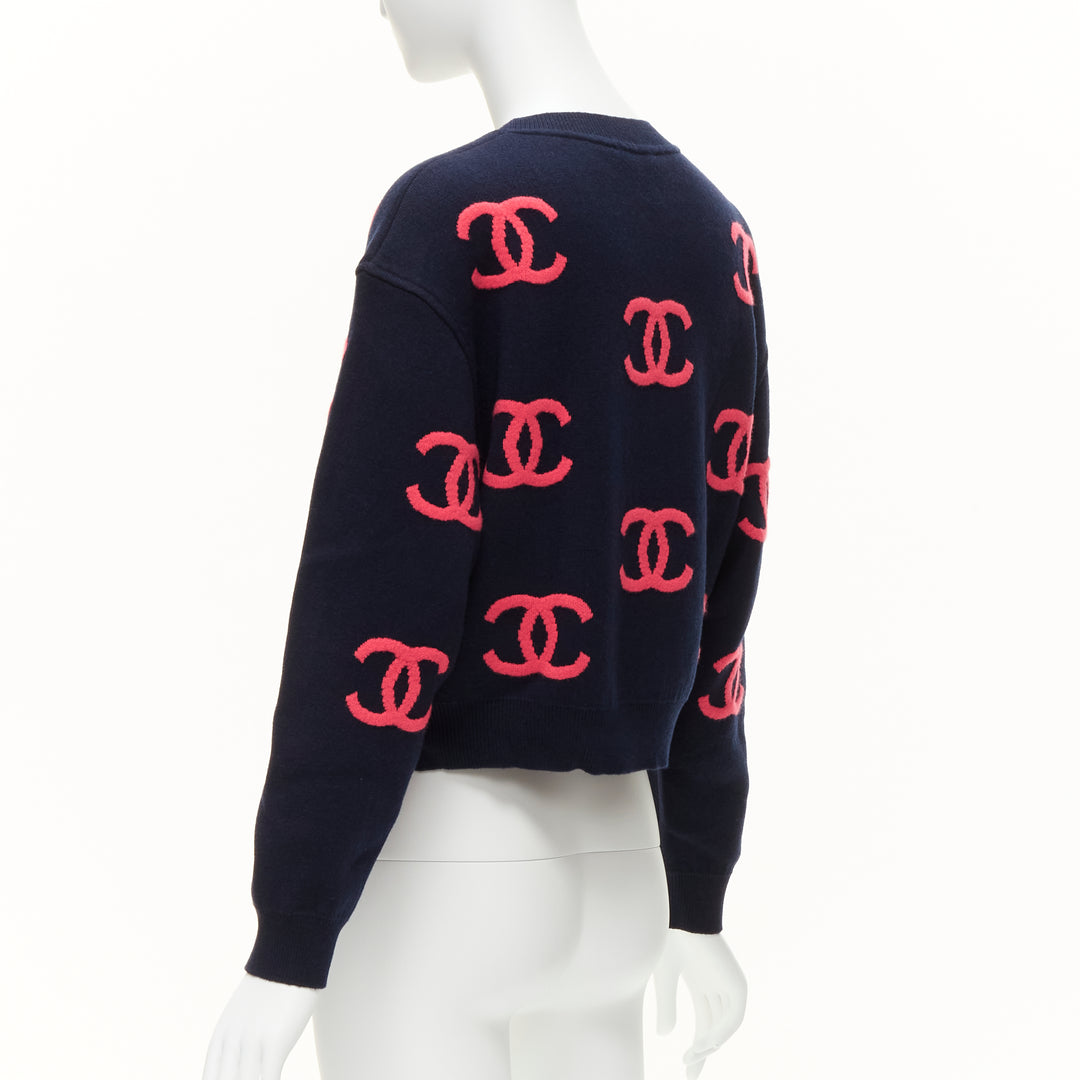 CHANEL 21P pink navy CC logo intarsia cashmere blend cropped sweater FR38 M