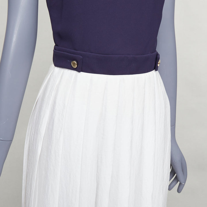 VVB VICTORIA BECKHAM navy white pleated buttoned strappy midi dress