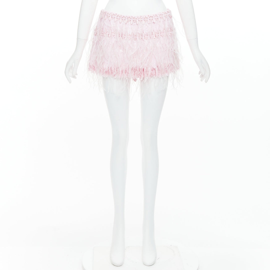VALENTINO 2023 baby pink silk sequin ostrich feather mini skirt IT40 S