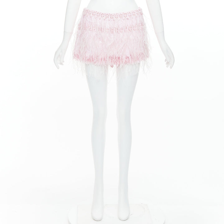 VALENTINO 2023 baby pink silk sequin ostrich feather mini skirt IT40 S