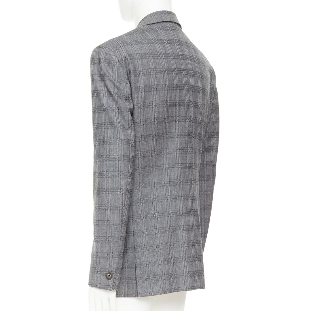 VERSACE grey wool silk blend plaid checked 2 button notched lapel blazer EU50 L