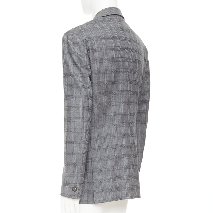 VERSACE grey wool silk blend plaid checked 2 button notched lapel blazer EU50 L