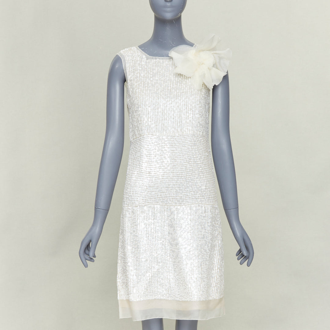 VERA WANG Bridal cream silk organza sequin floral brooch shift dress US4 M