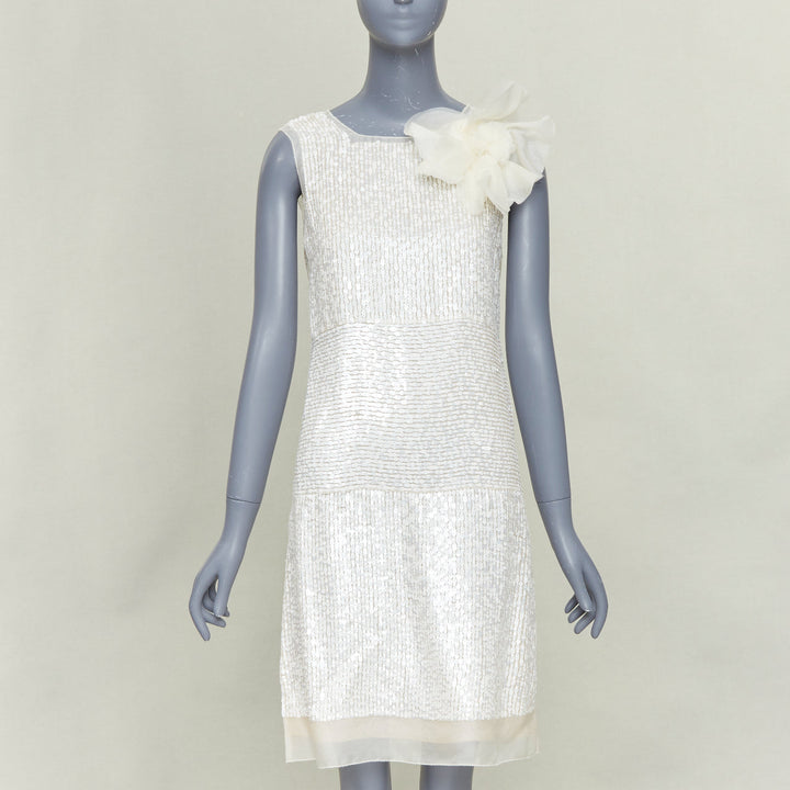 VERA WANG Bridal cream silk organza sequin floral brooch shift dress US4 M
