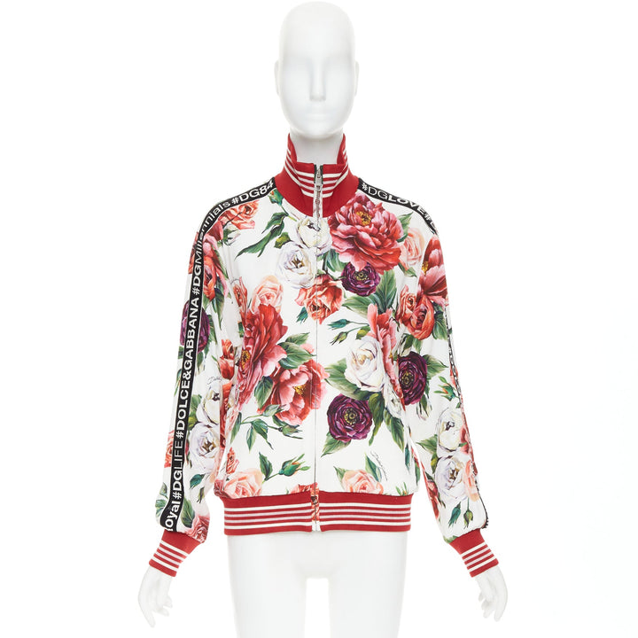 DOLCE GABBANA red rose floral print striped silk track bomber jacket IT36 XXS