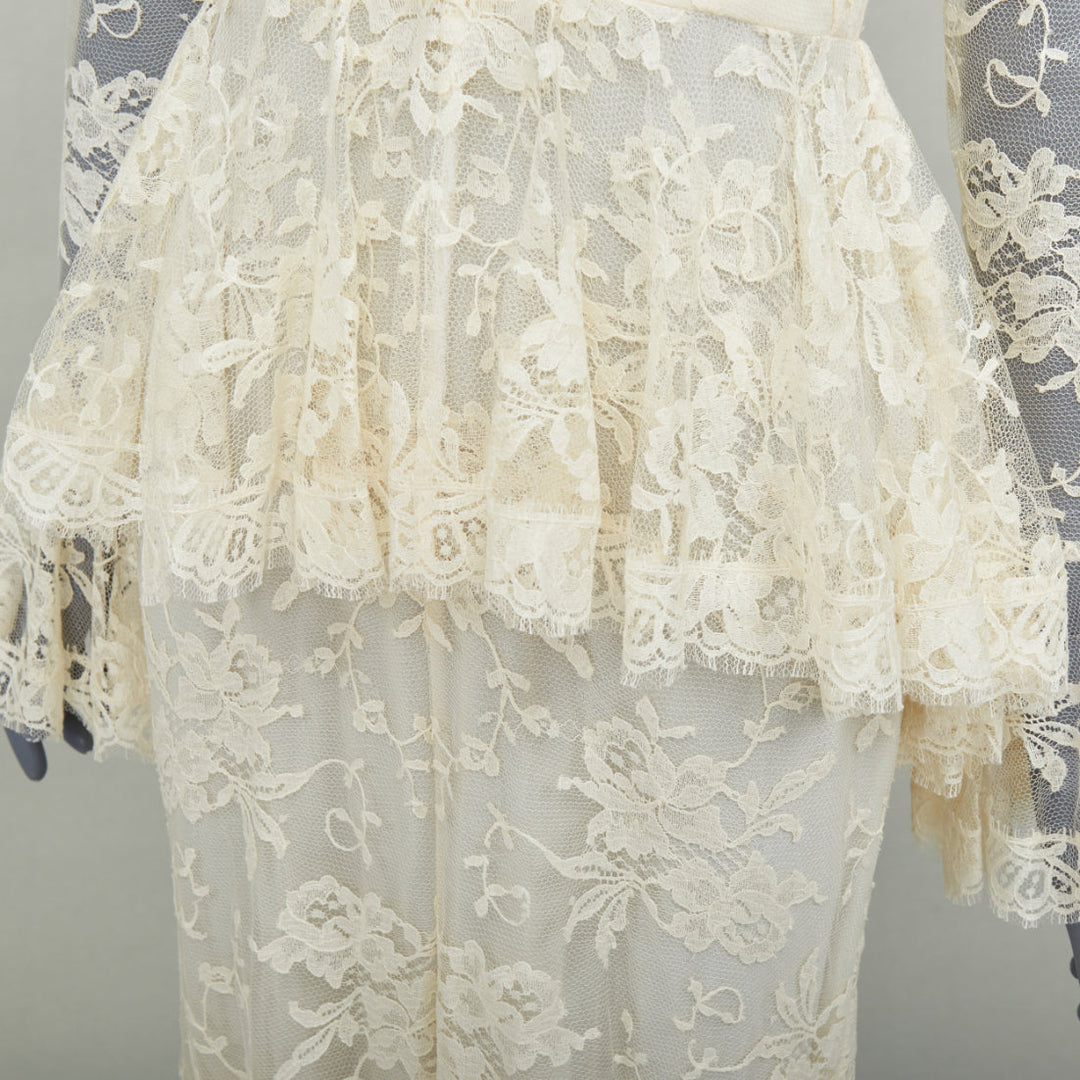 rare ALEXANDER MCQUEEN 2019 Bridal ivory floral lace peplum maxi gown IT40 S