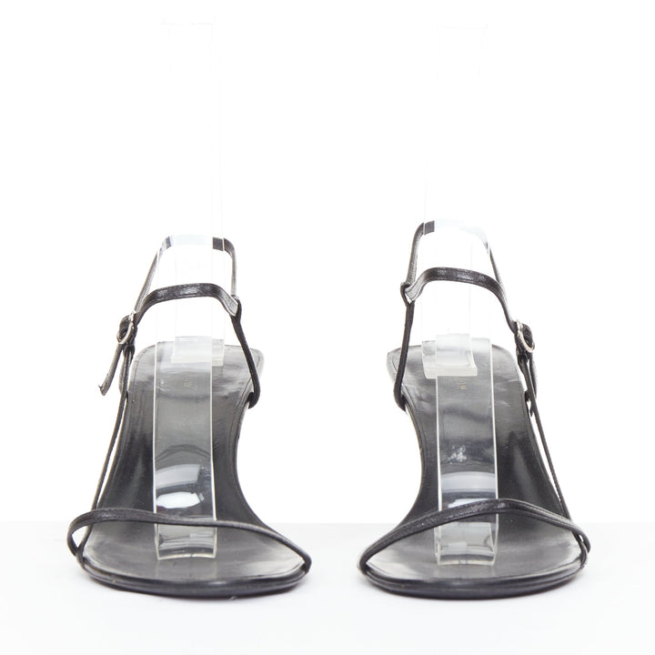 THE ROW Bare black minimalist slim straps silver buckles spool heel sandals EU36
