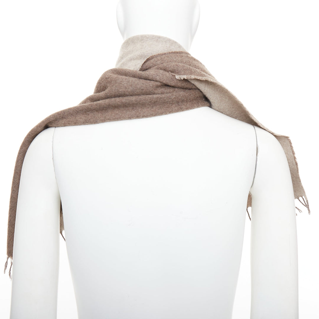 HERMES taupe brown cashmere wool reversible fringed long scarf