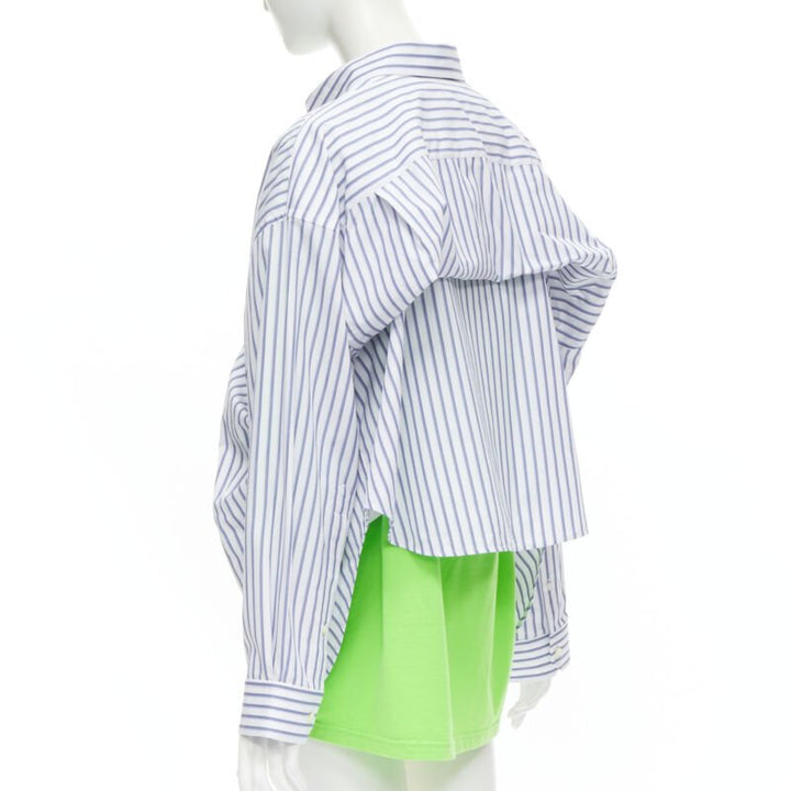 BALENCIAGA 2017 green tshirt blue striped shirt 2 way draped top FR34 XS