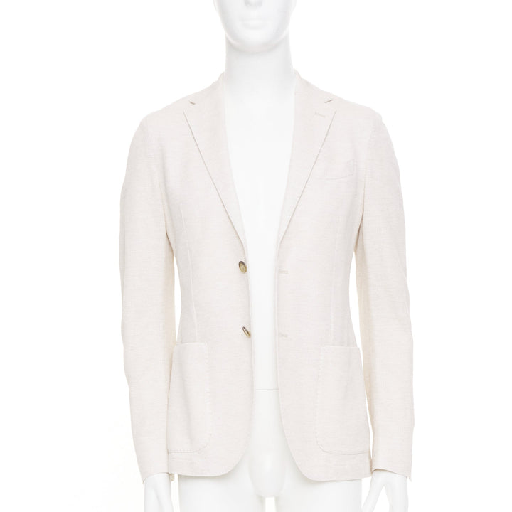 EQUIL beige flax cotton blend slub notch lapel patch pocket blazer jacket EU46 S