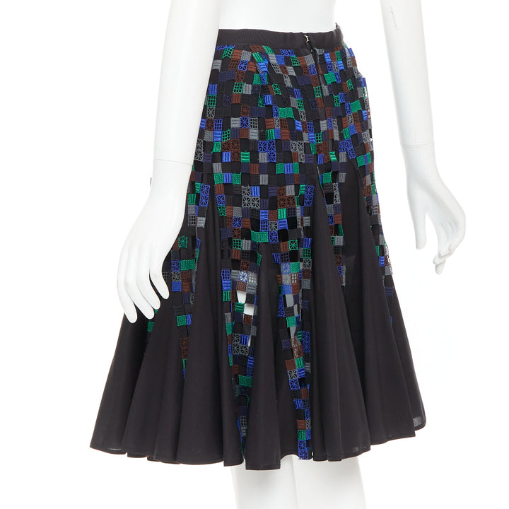 SACAI 2016 blue green square eyelet embroidery cotton blend flared skirt JP1 S